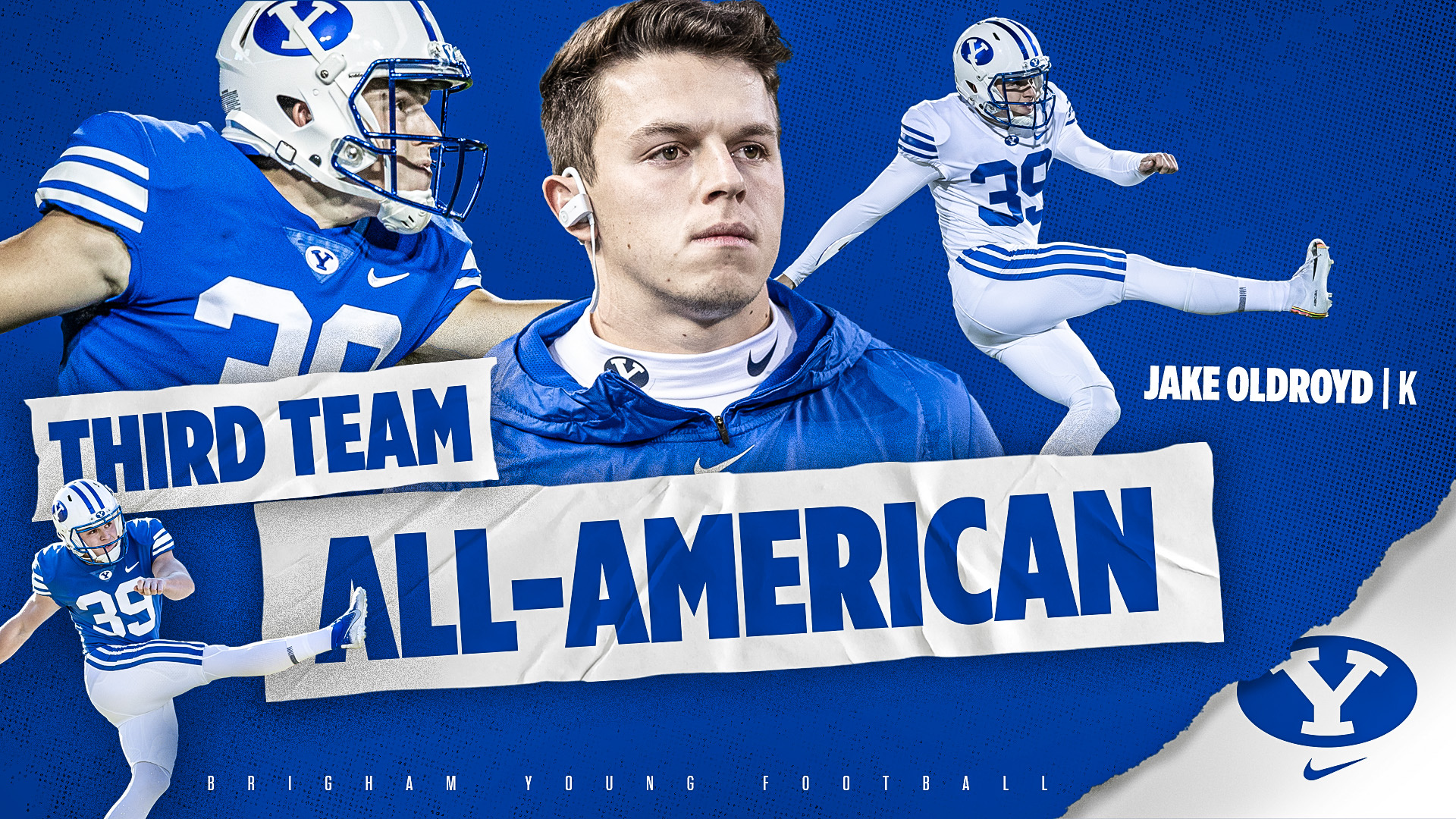 Different photos of Jake kicking with text Third Team All-American