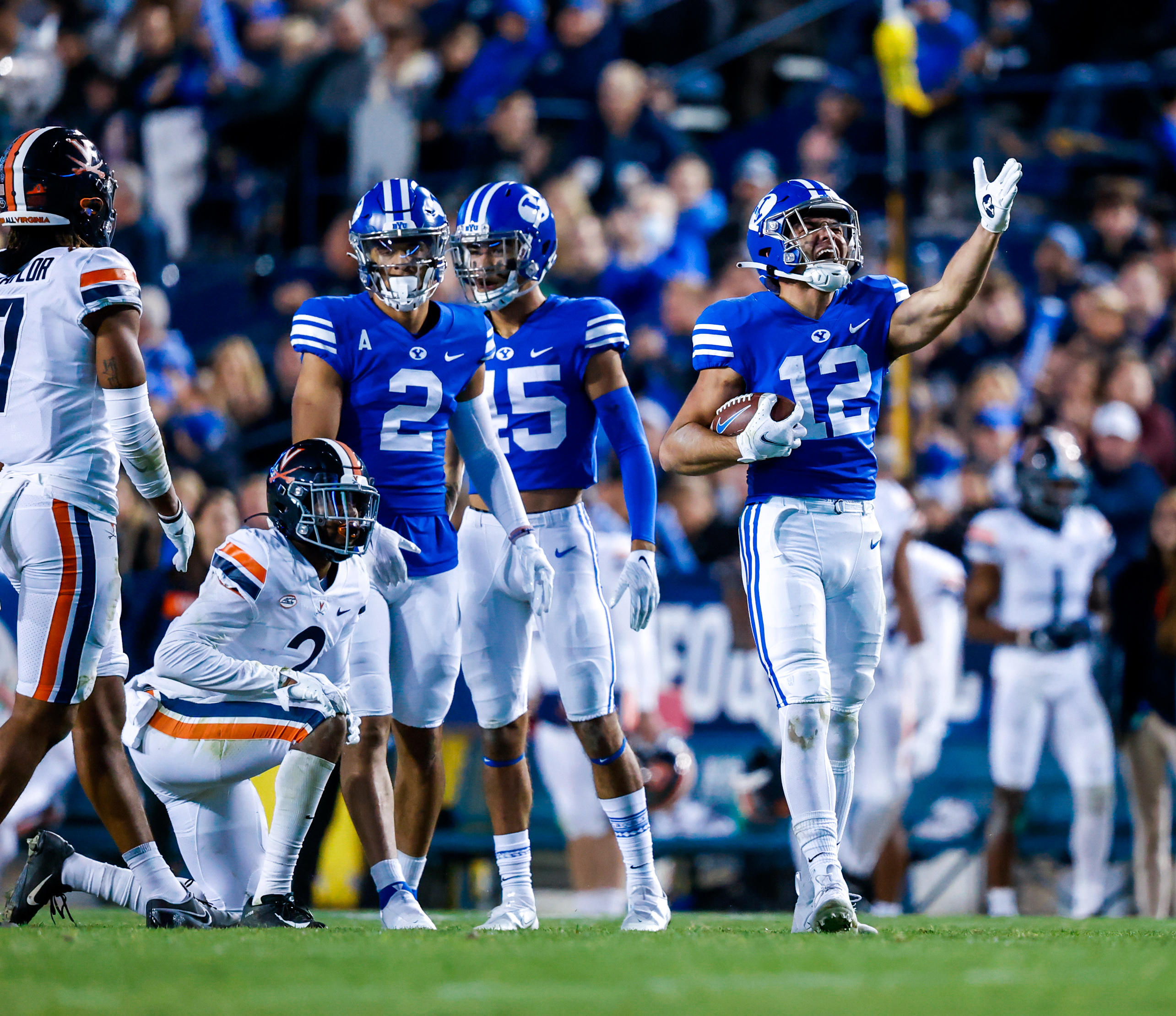 BYU wide receiver Puka Nacua celebrates a first down in the Cougars 66-49 win over the Virginia Cavaliers.