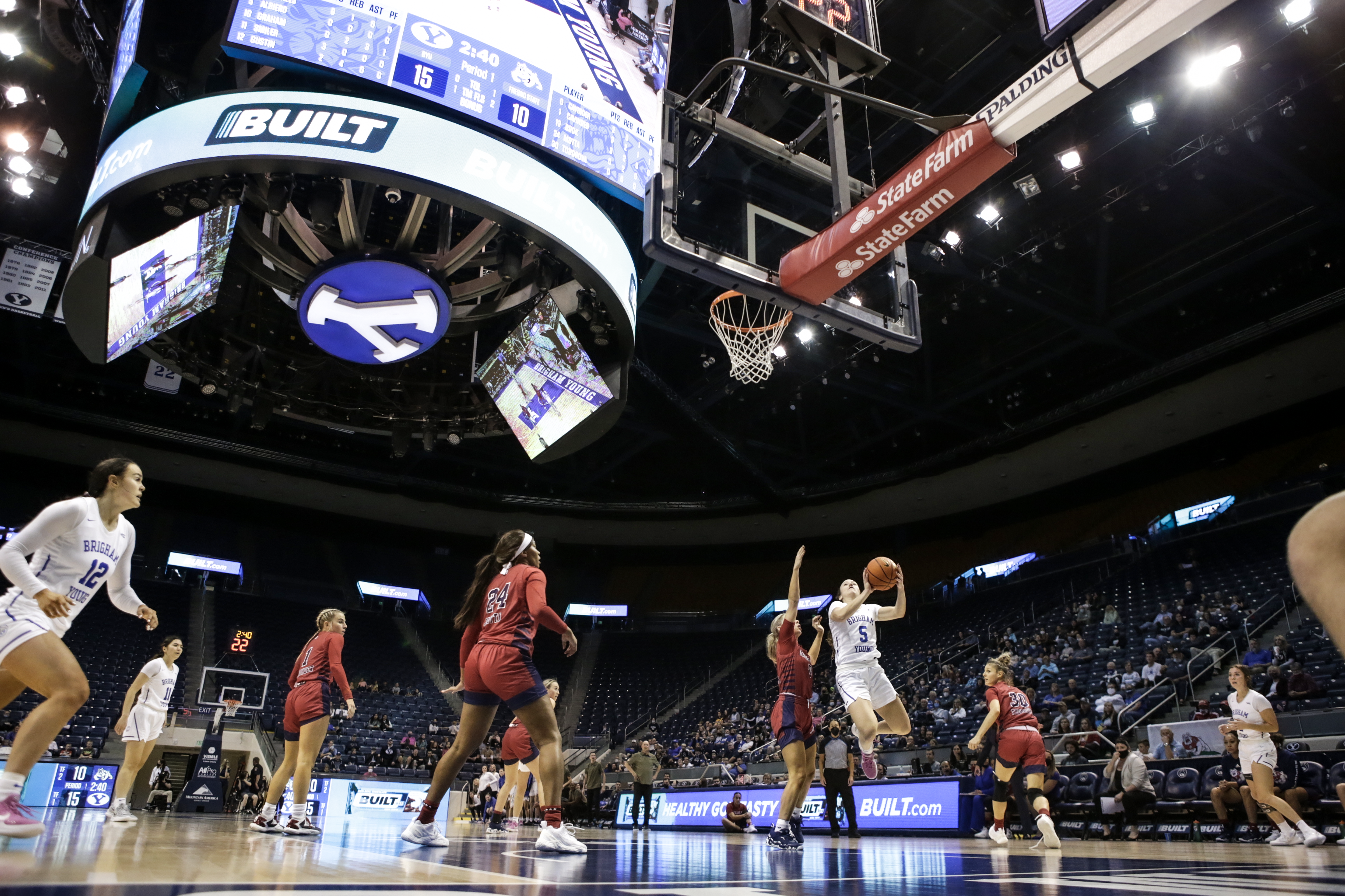 Maria Albiero drives to the basket in an 80-64 BYU win over the Fresno State Bulldogs in the Marriott Center.