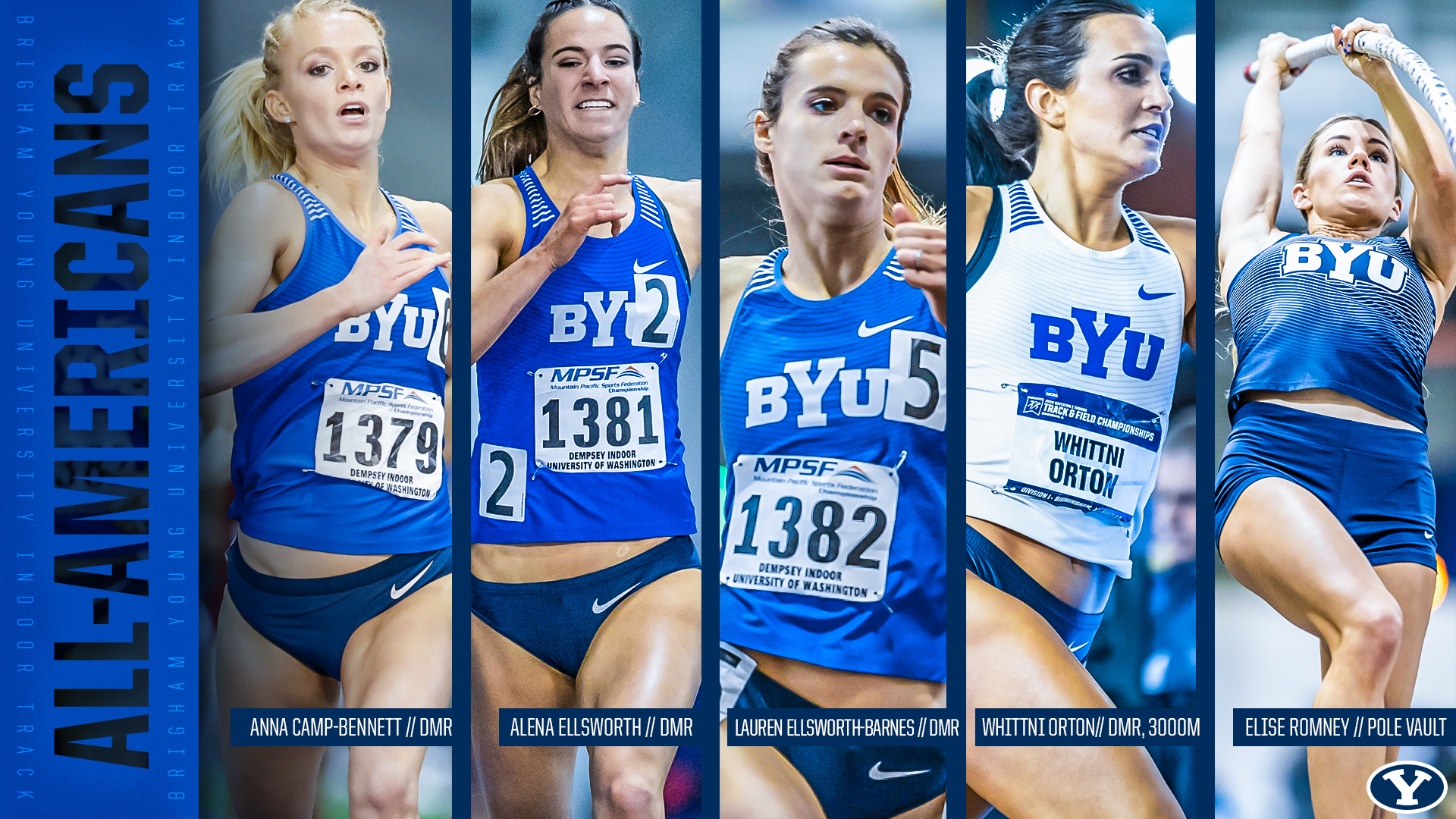 Graphic layout of the 2020 USTFCCCA Women's Track and Field All-Americans with photos of Anna Camp-Bennett, Alena Ellsworth, Lauren Ellsworth-Barnes, Whittni Orton, Elise Romney.