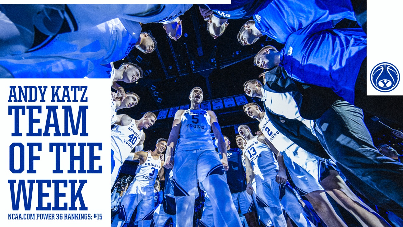 Photo of the men's basketball team circles around Jake Toolson with the text 'Andy Katz Team of the Week'