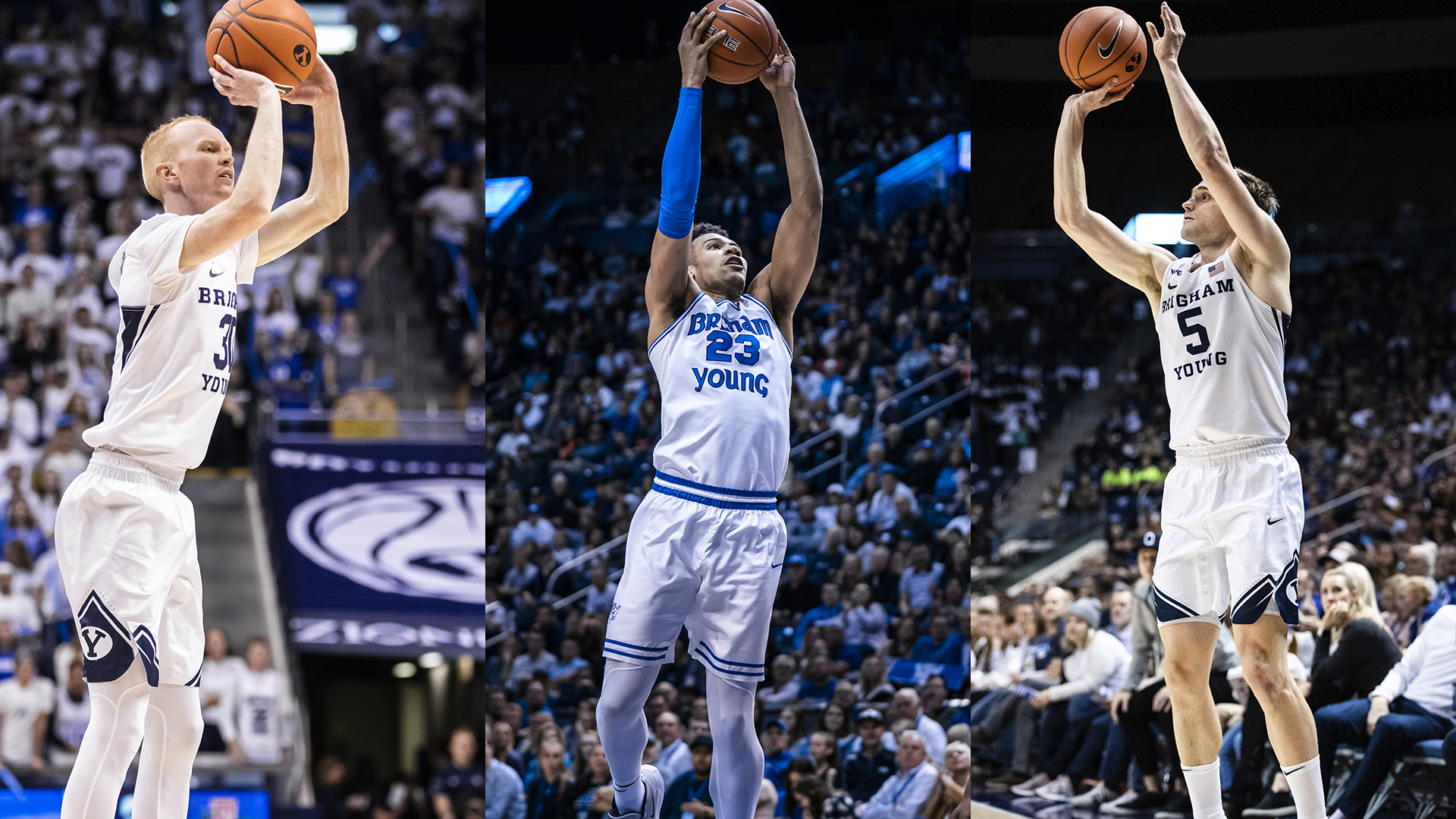 Photo collage left to right of TJ Haws shooting a basketball, Yoeli Childs dunking a ball and Jake Toolson shooting.
