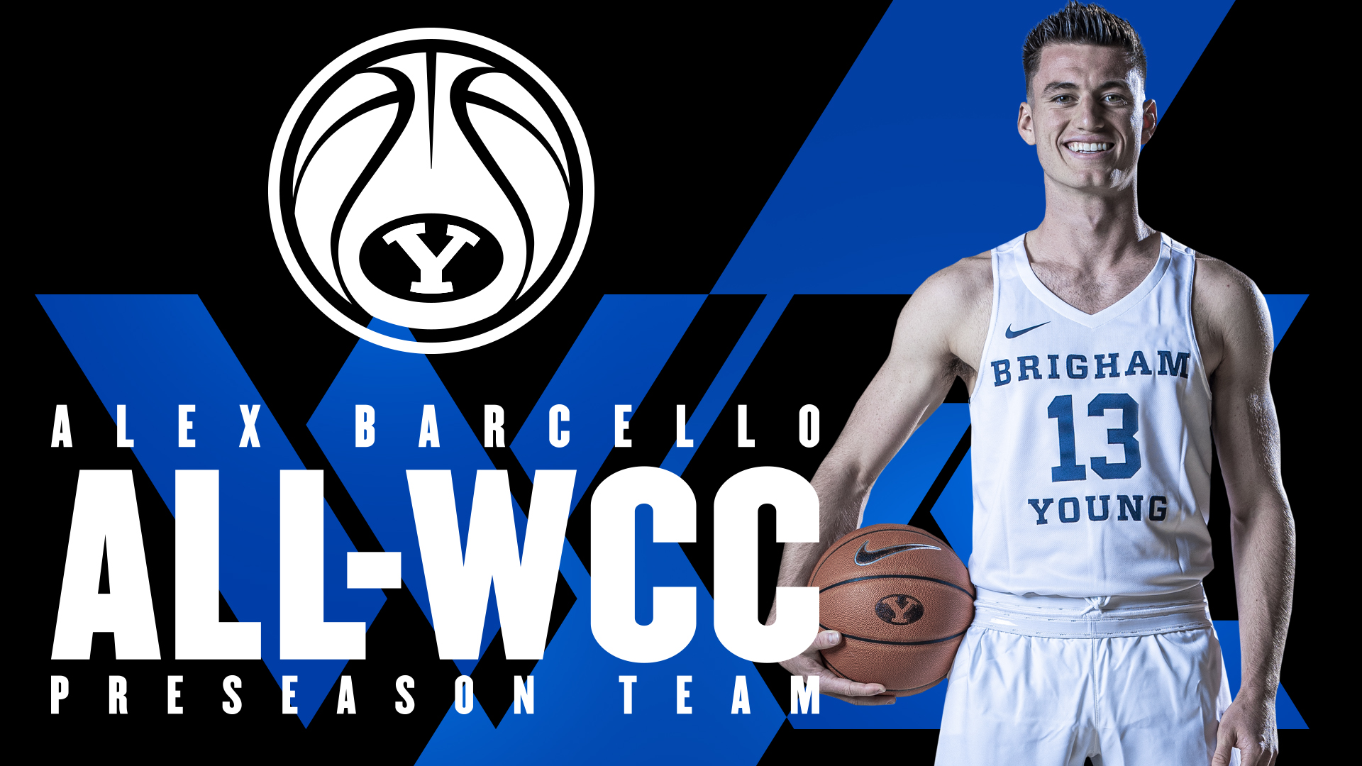 Cutout of Alex Barcello with the text: 'Alex Barcello All-WCC Preseason Team'