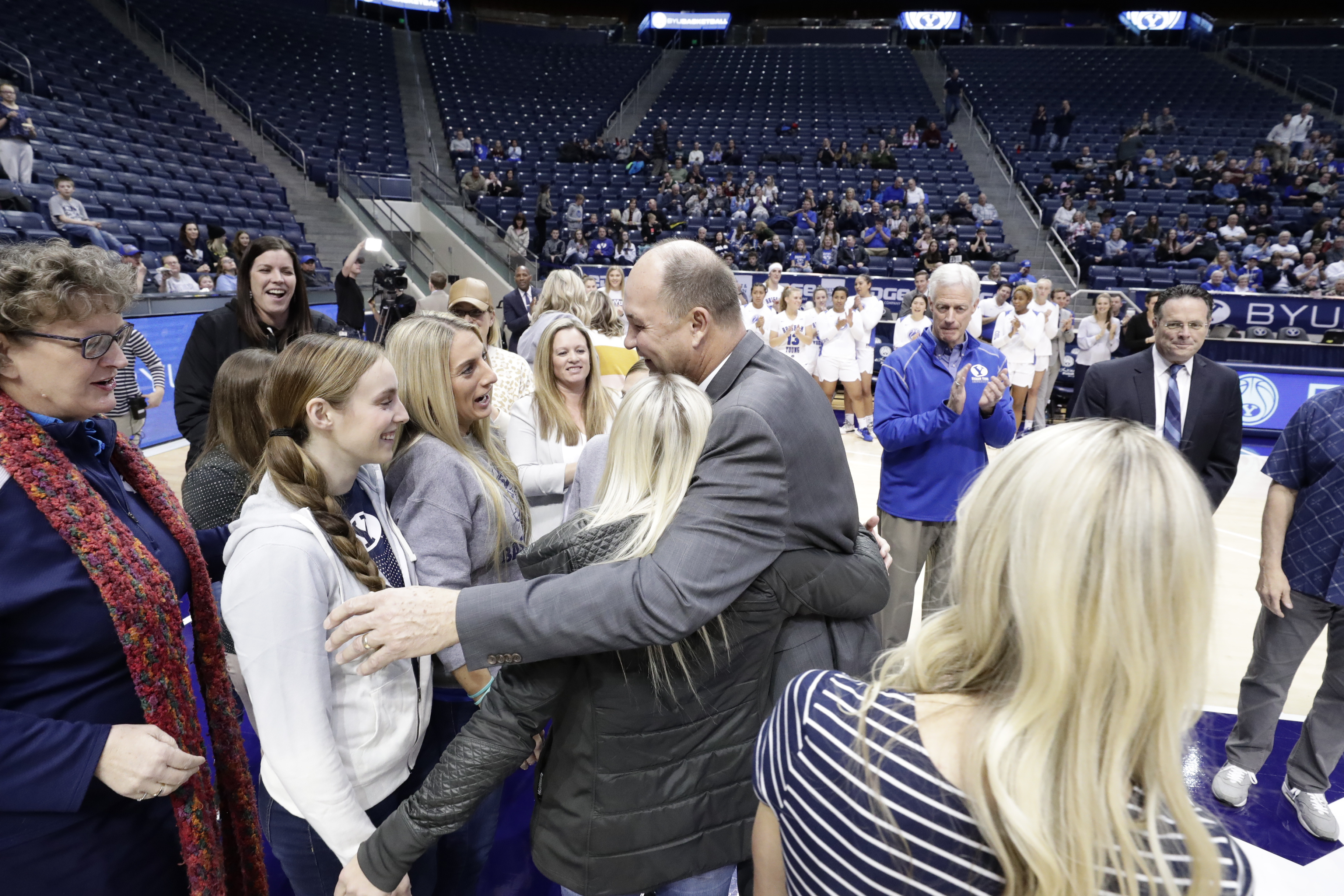 Prior to the start of the game, BYU head coach Jeff Judkins was recognized for getting his 400th win on Monday, Dec. 30 with a 65-47 road win at Pepperdine. He was joined by his family, current and former players and former coaches on the court. 