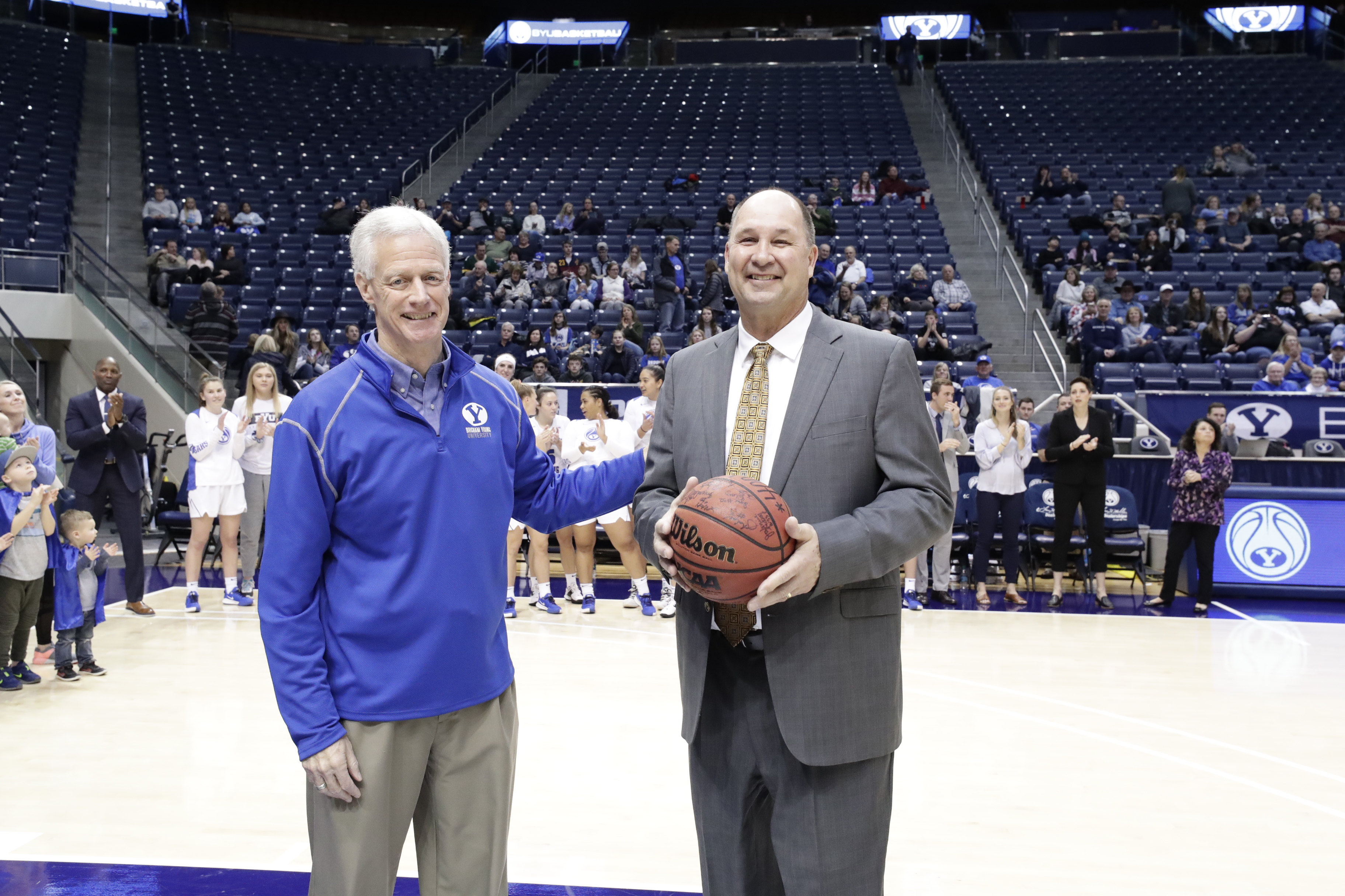 Prior to the start of the game, BYU head coach Jeff Judkins was recognized for getting his 400th win on Monday, Dec. 30 with a 65-47 road win at Pepperdine. He was joined by his family, current and former players and former coaches on the court. 