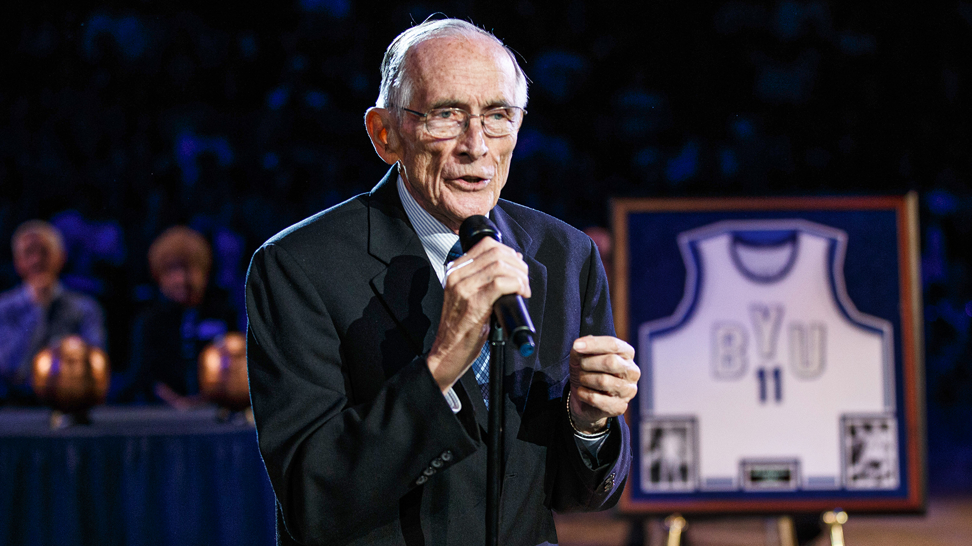 Roland Minson speaks at his jersey retirement in 2013.