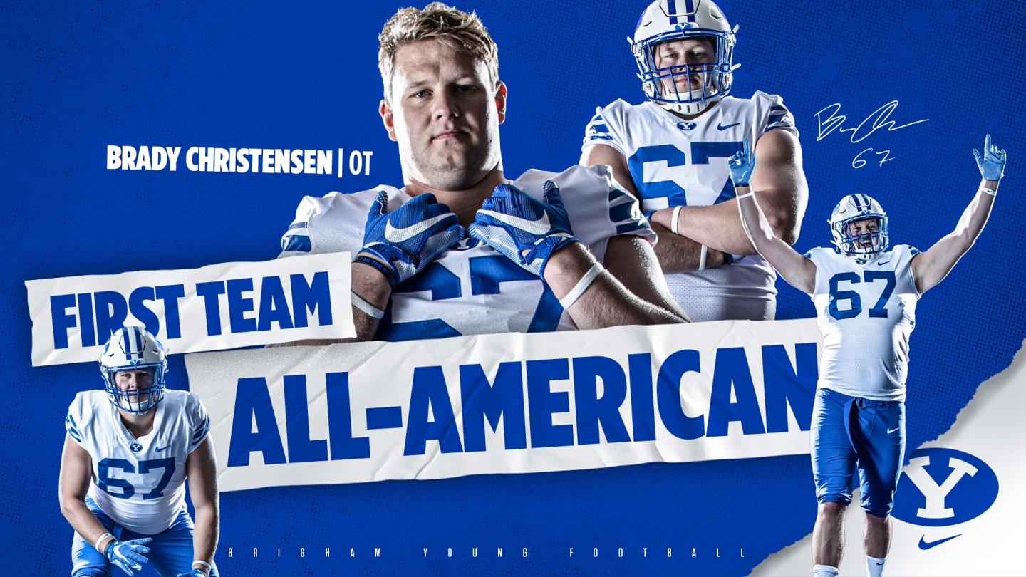 Image of Brady Christensen in different poses. With Text First Team All-American.