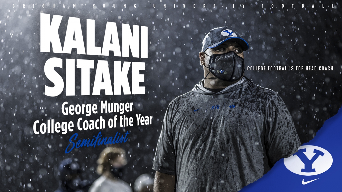 Kalani standing in the rain with text Kalani Sitake, College Coach of the year