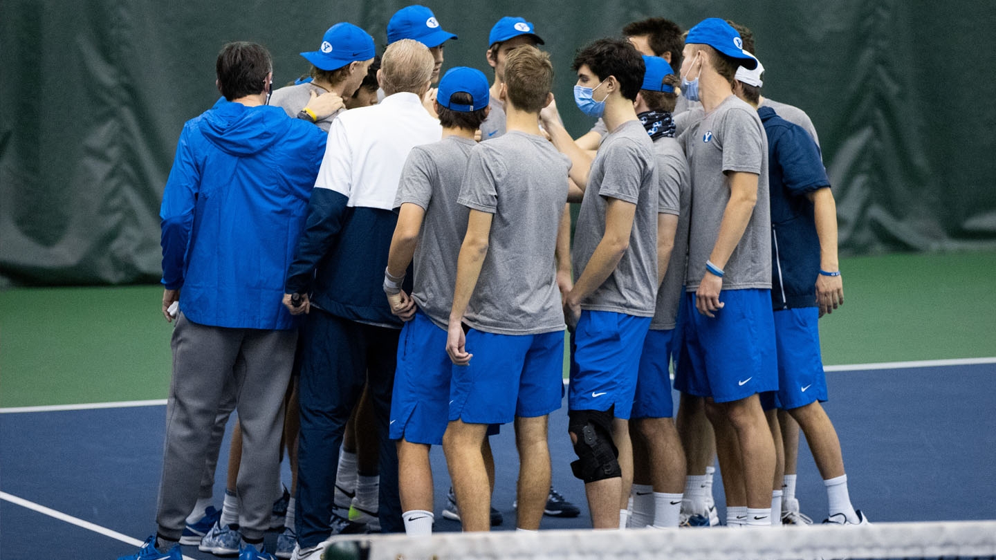 BYU Men's Tennis huddles after win over Grand Canyon