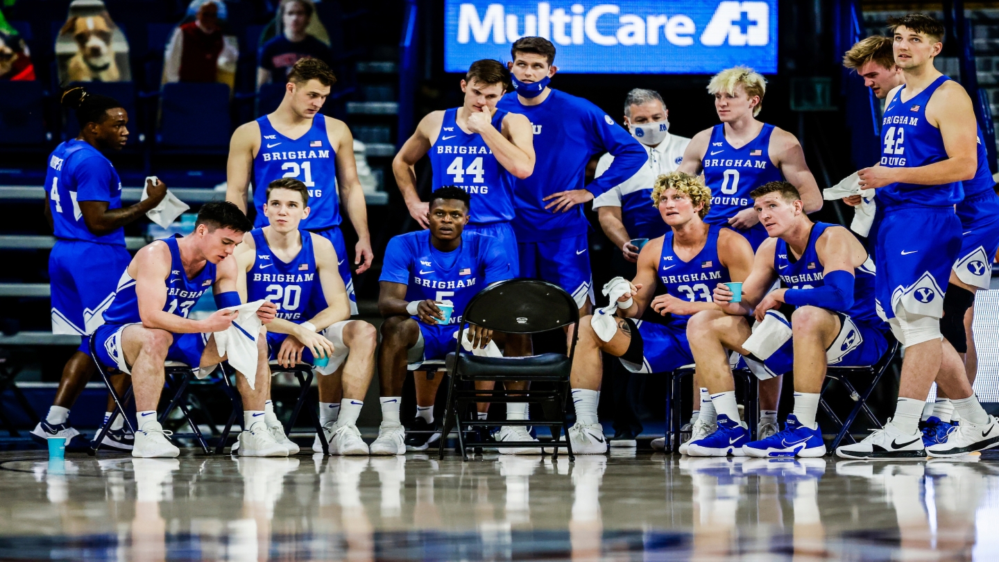 The BYU bench looking up at the video board