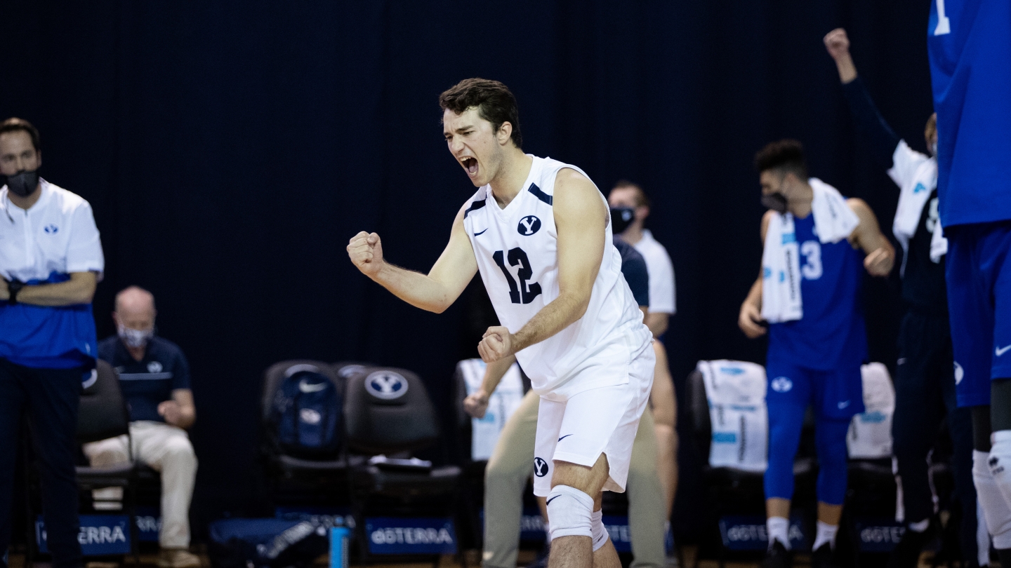 Mitchell Worthington fist pumps after a BYU point