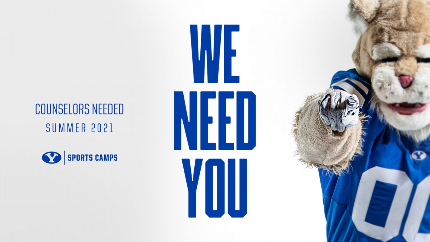 BYU Sports Camps counselors needed graphic with Cosmo pointing