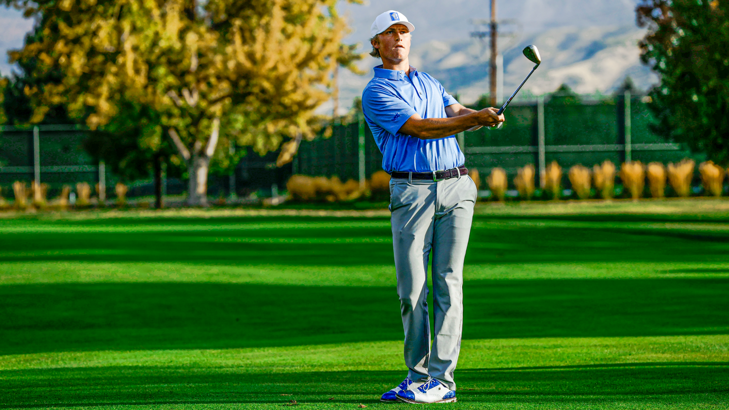 BYU golfer Zac Jones hits a shot at Riverside Country Club.