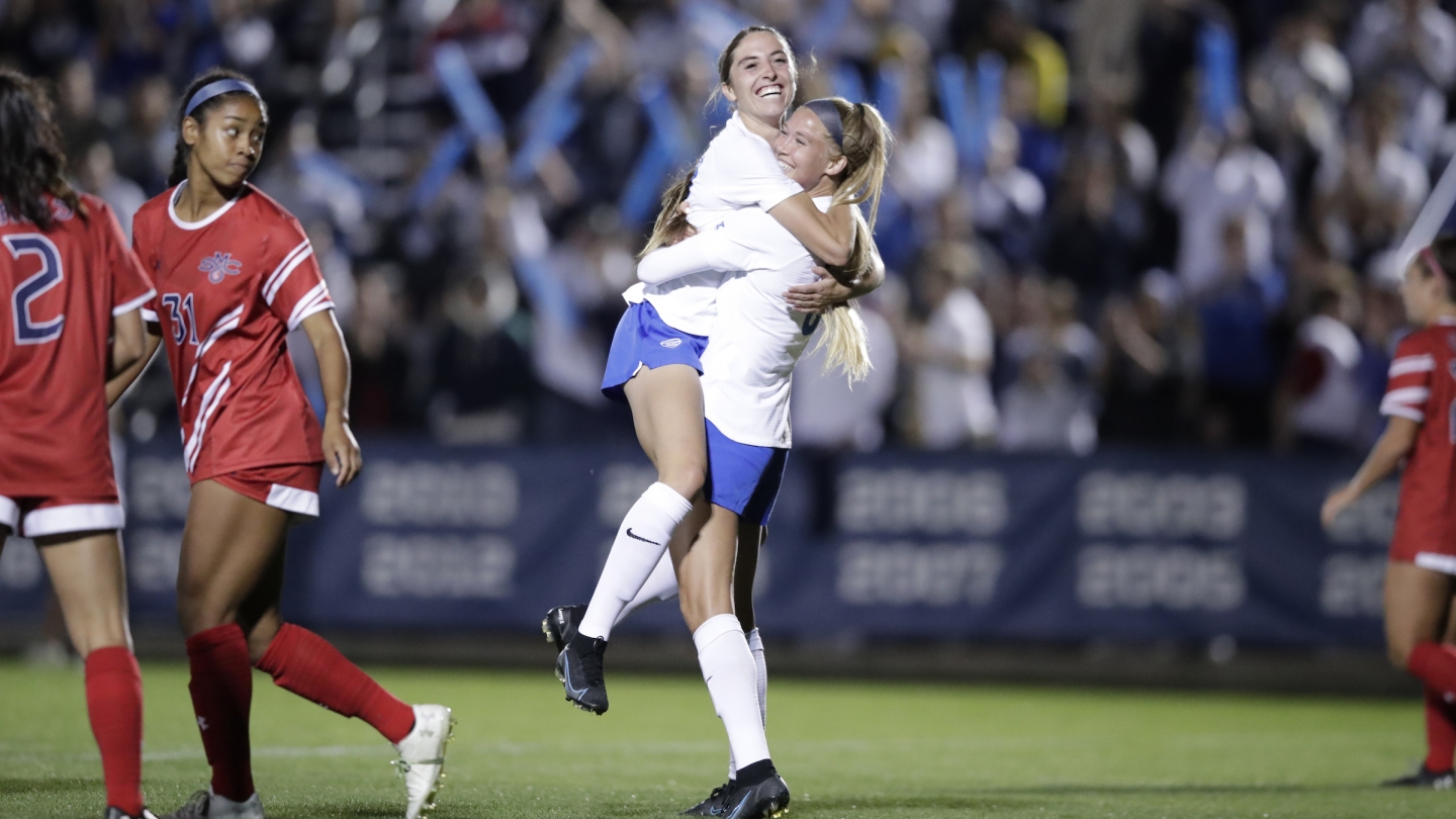 BYU women's soccer player Cameron Tucker celebrates a goal in BYU's win over Saint Mary's