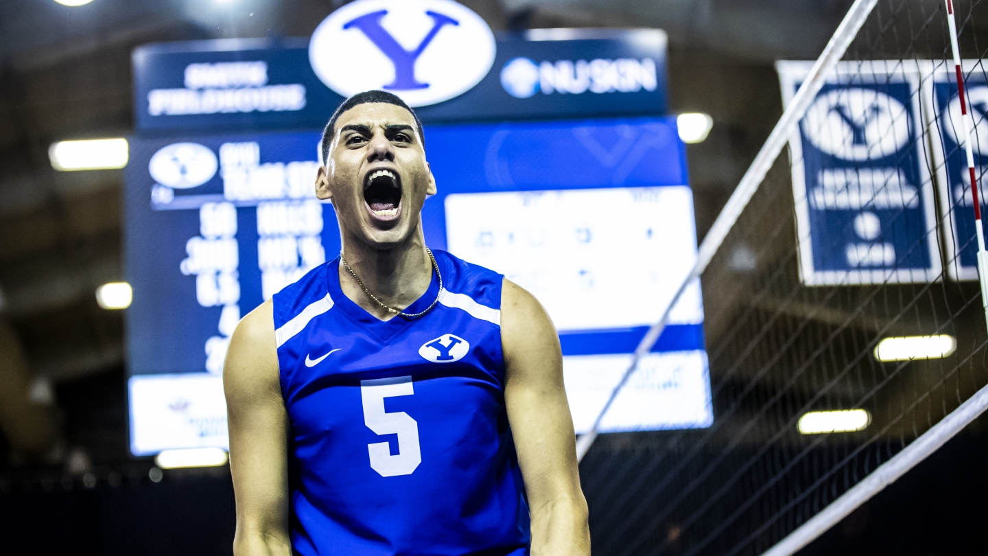 BYU volleyball player Gabi Garcia Fernandez celebrating a kill against USC