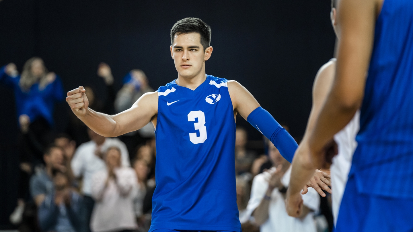 BYU men's volleyball player Wil Stanley celebrates in a sweep over Penn State.