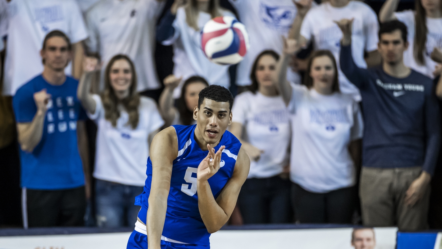 Gabi Garcia Fernandez serves the ball in BYU men's volleyball's win over Penn State