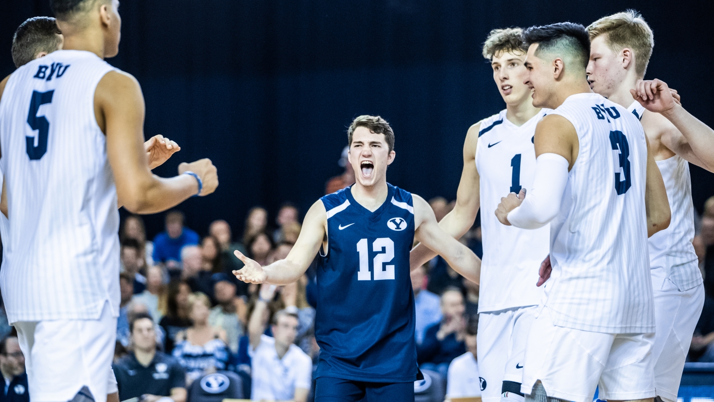 BYU men's volleyball celebrates a point