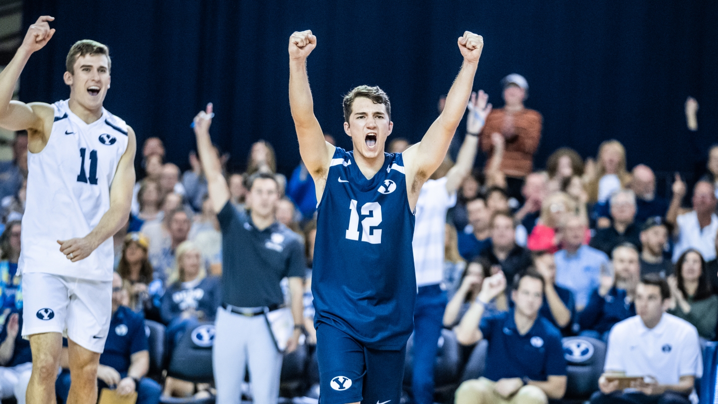 Mitchell Worthington celebrates a point for BYU men's volleyball