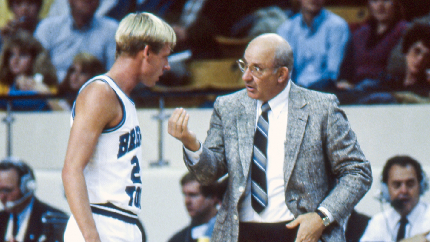 Ladell Andersen gives directions to a BYU men's basketball player during a game in the 1985-86 in the Marriott Center.