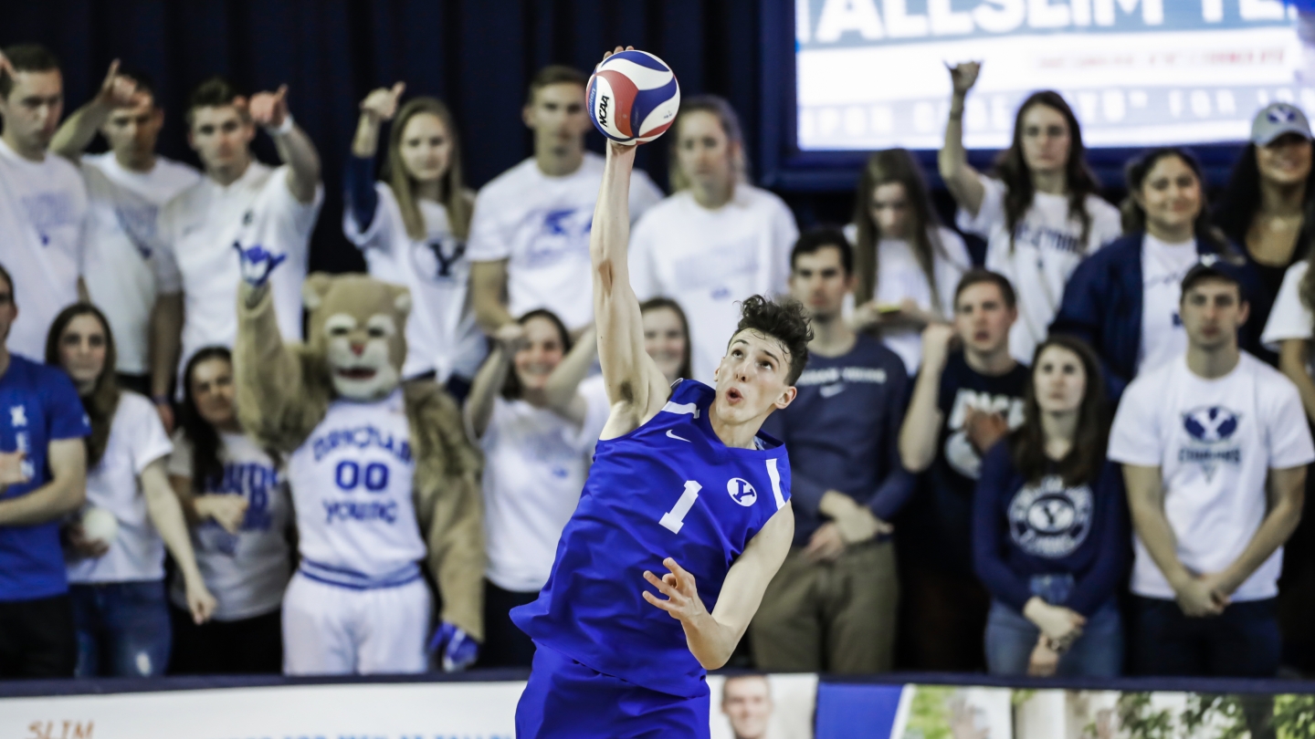 Davide Gardini serves the volleyball as BYU men's volleyball plays Penn State