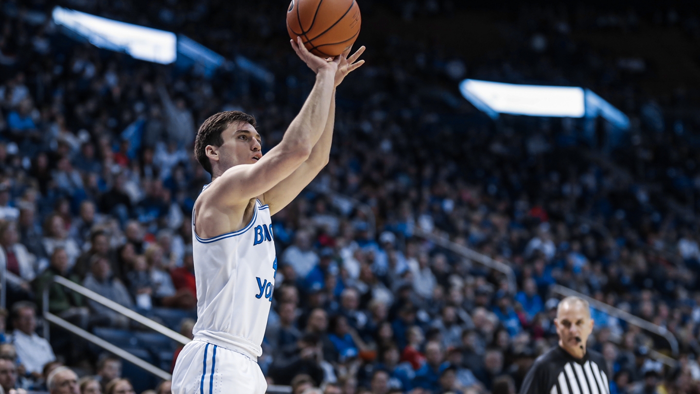 Alex Barcello shoots a 3-pointer from the corner against Weber State in the Marriott Center.