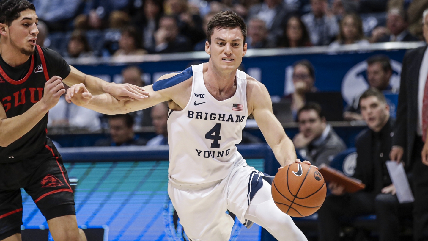 BYU guard Alex Barcello drives to the basket against Southern Utah.