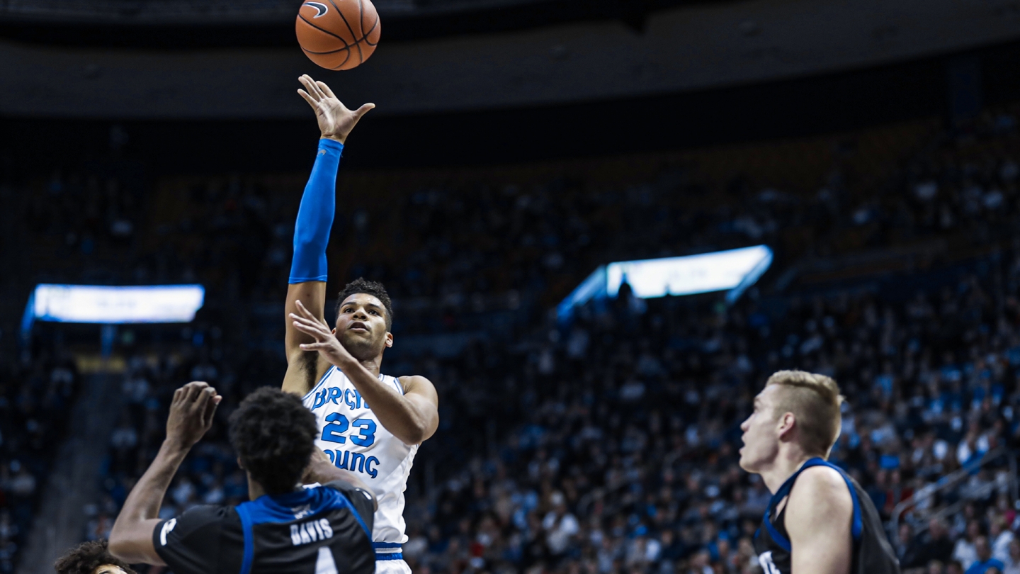 Yoeli Childs shoots a floater with the right hand against Weber State in the Marriott Center.