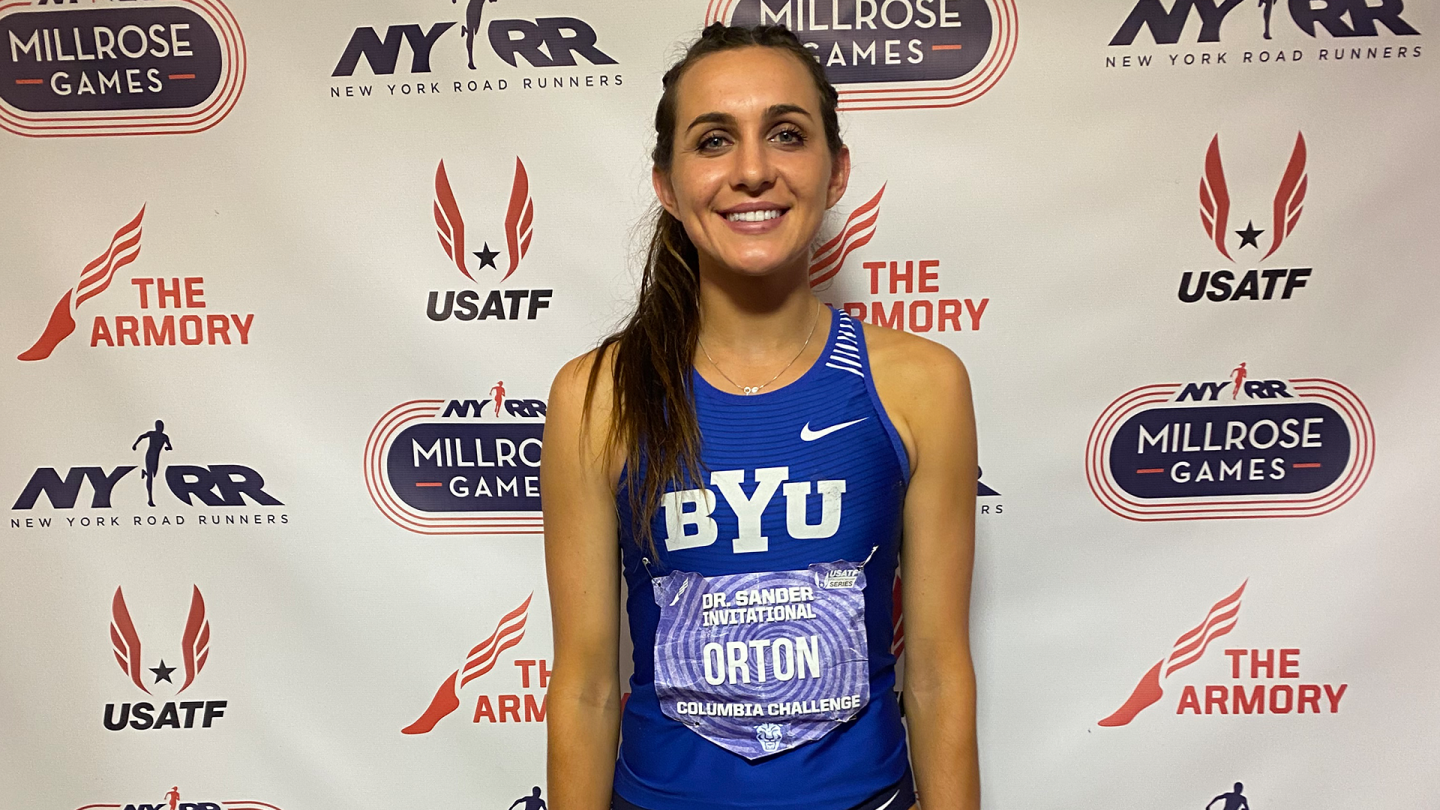 Whittni Orton in front of Armory backdrop after racing