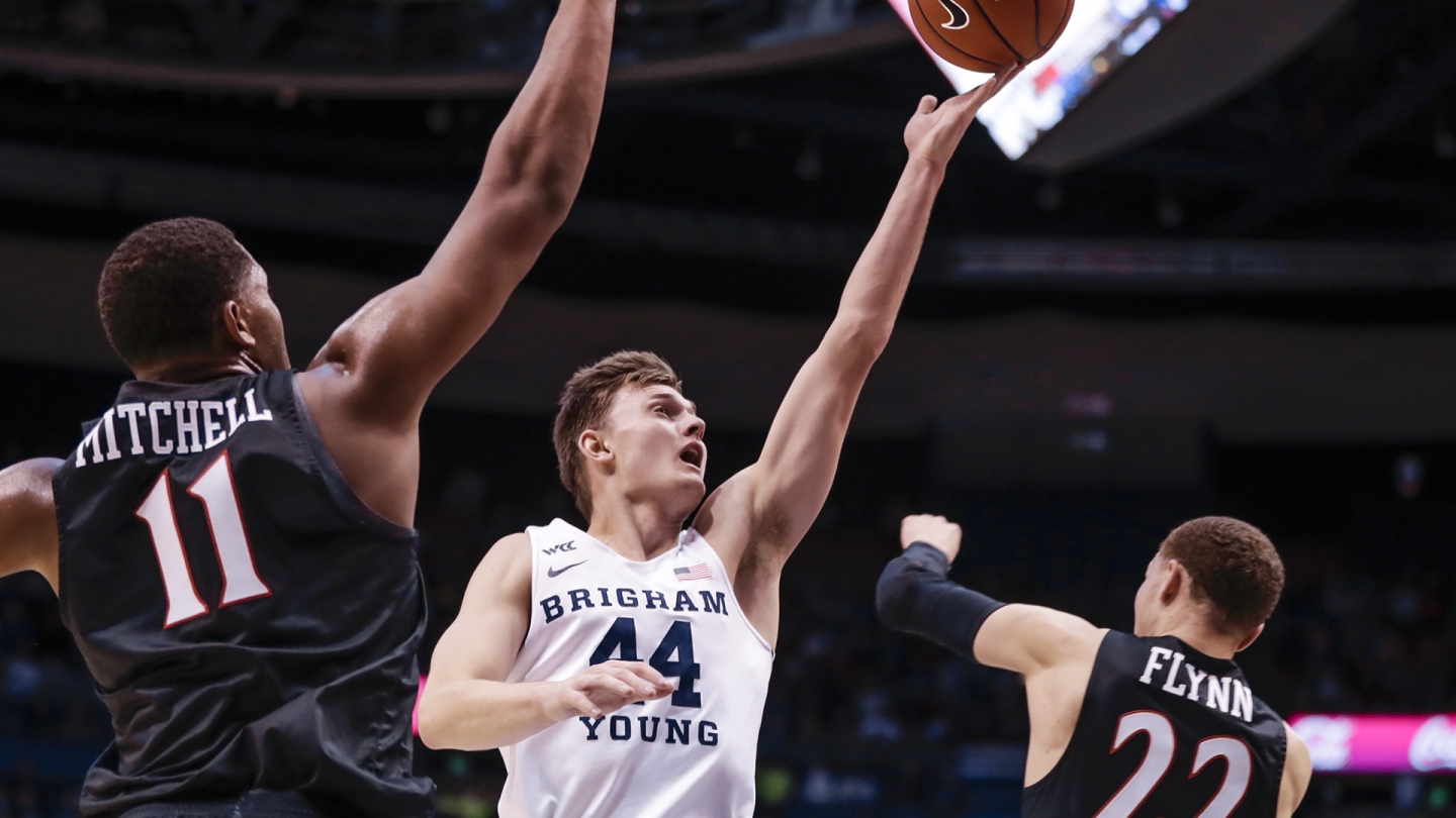 BYU guard Connor Harding drives to the basket for a layup vs. San Diego State.