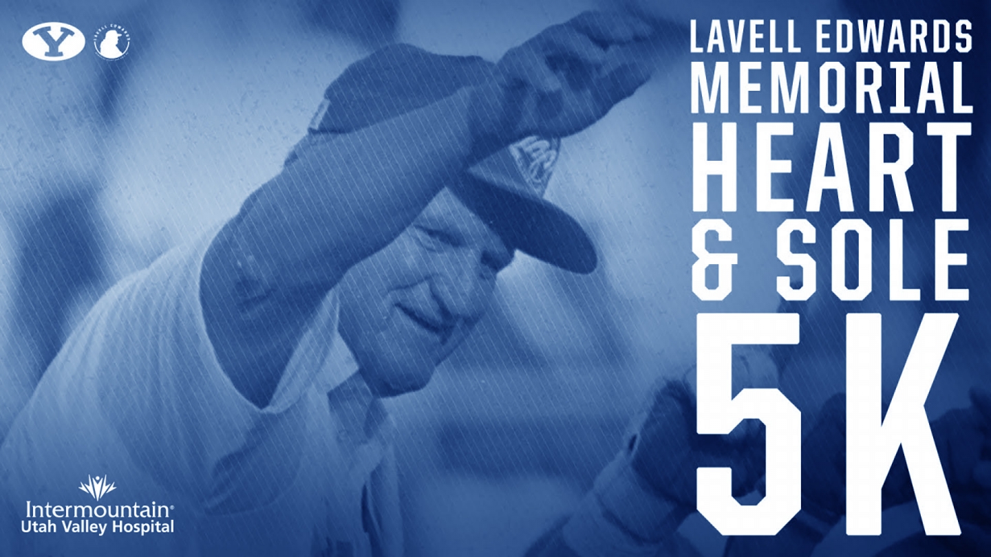 Photo of the late LaVell Edwards in a graphic layout with the text LaVell Edwards Memorial Heart & Sole 5K