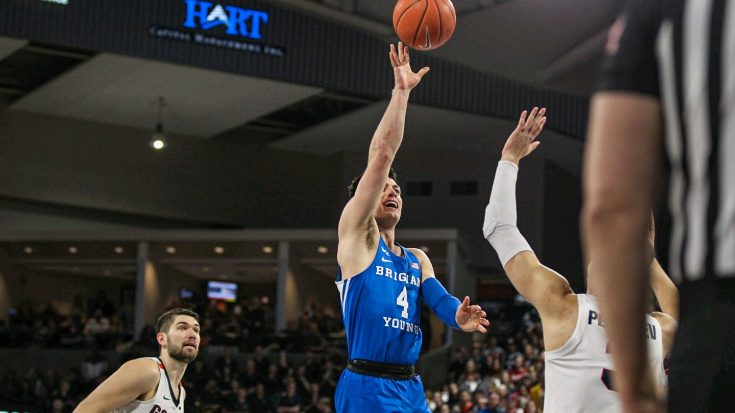 Alex Barcello shoots a floater in over a Gonzaga defender.