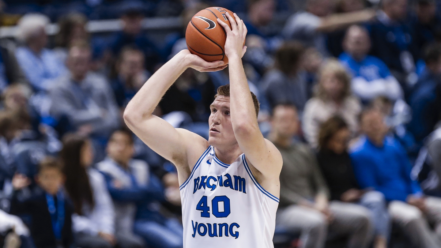Kolby Lee shoots a free throw against Montana Tech in the Marriott Center.