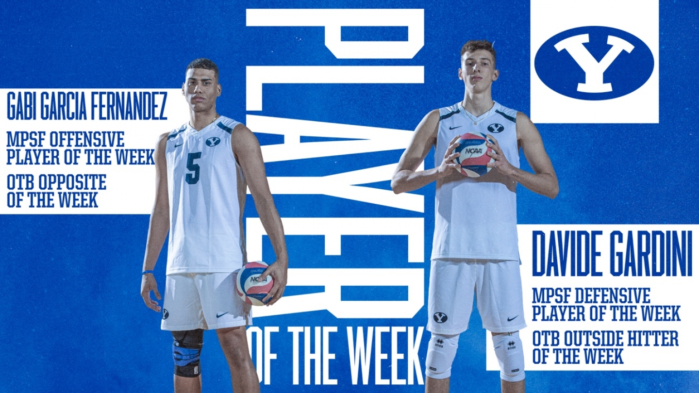 Graphic featuring BYU volleyball players Gabi Garcia Fernandez and Davide Gardini swept MPSF Player of the Week honors