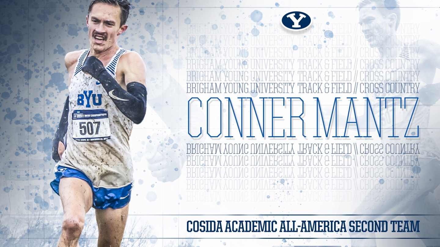 Photo of Conner Mantz in a graphic layout announcing his being named to the CoSIDA Academic All-America Second Team