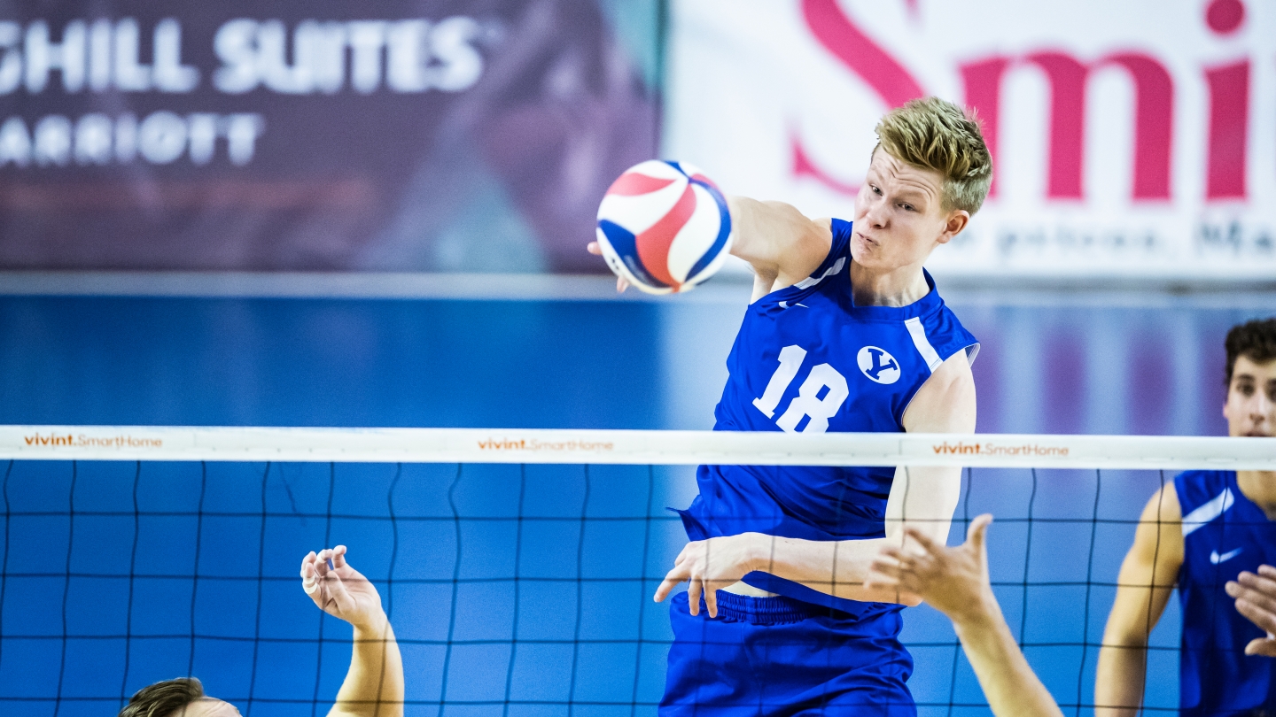 Miki Jauhiainen with the attack for BYU men's volleyball against Pepperdine.