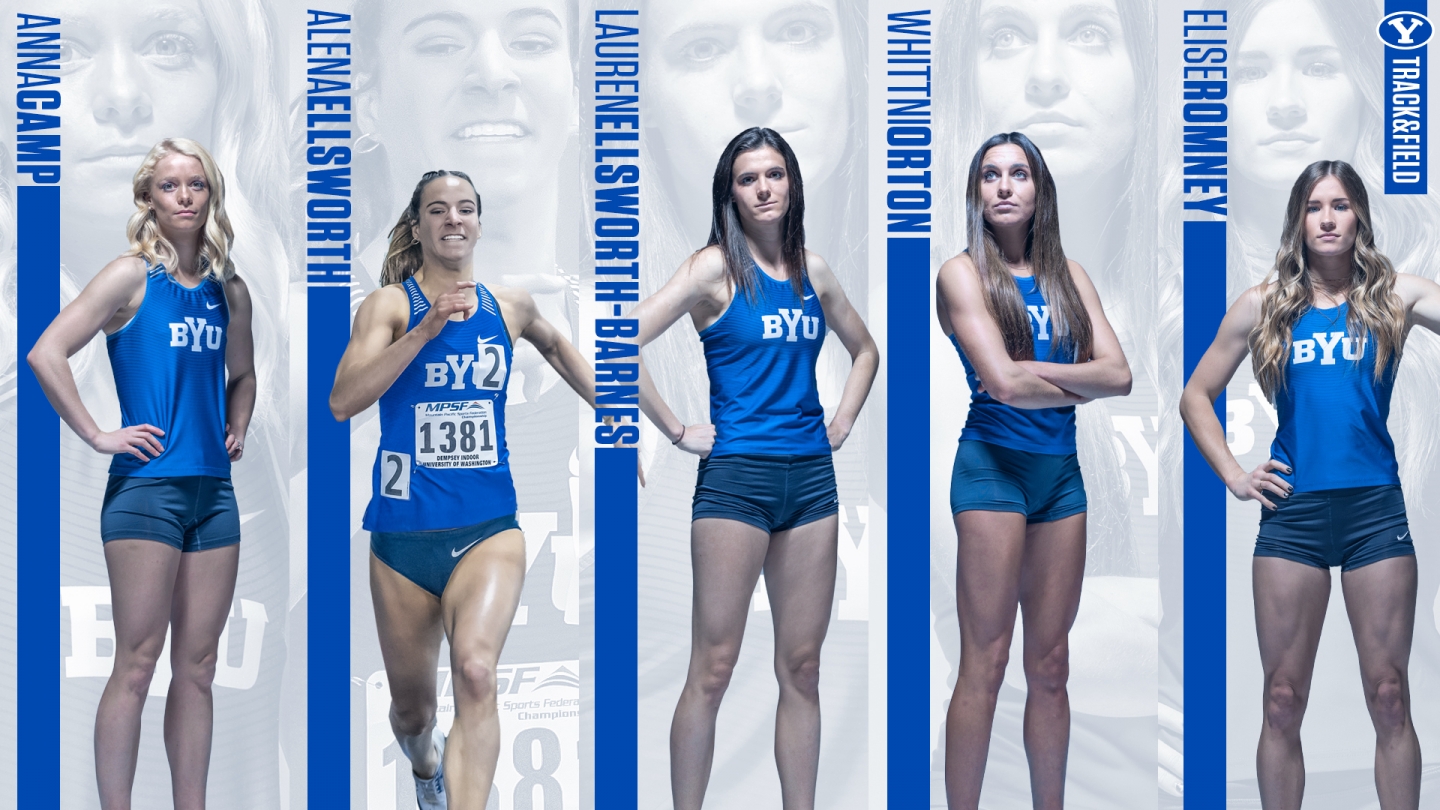 Photos of five athletes from women's track in a graphic layout