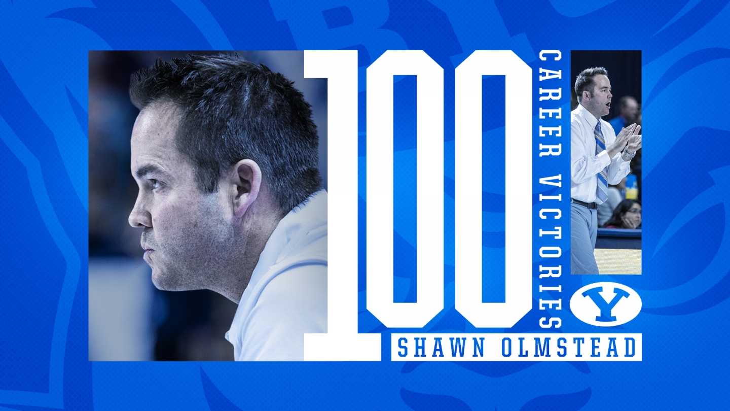 Shawn Olmstead 100th win BYU men's volleyball graphic