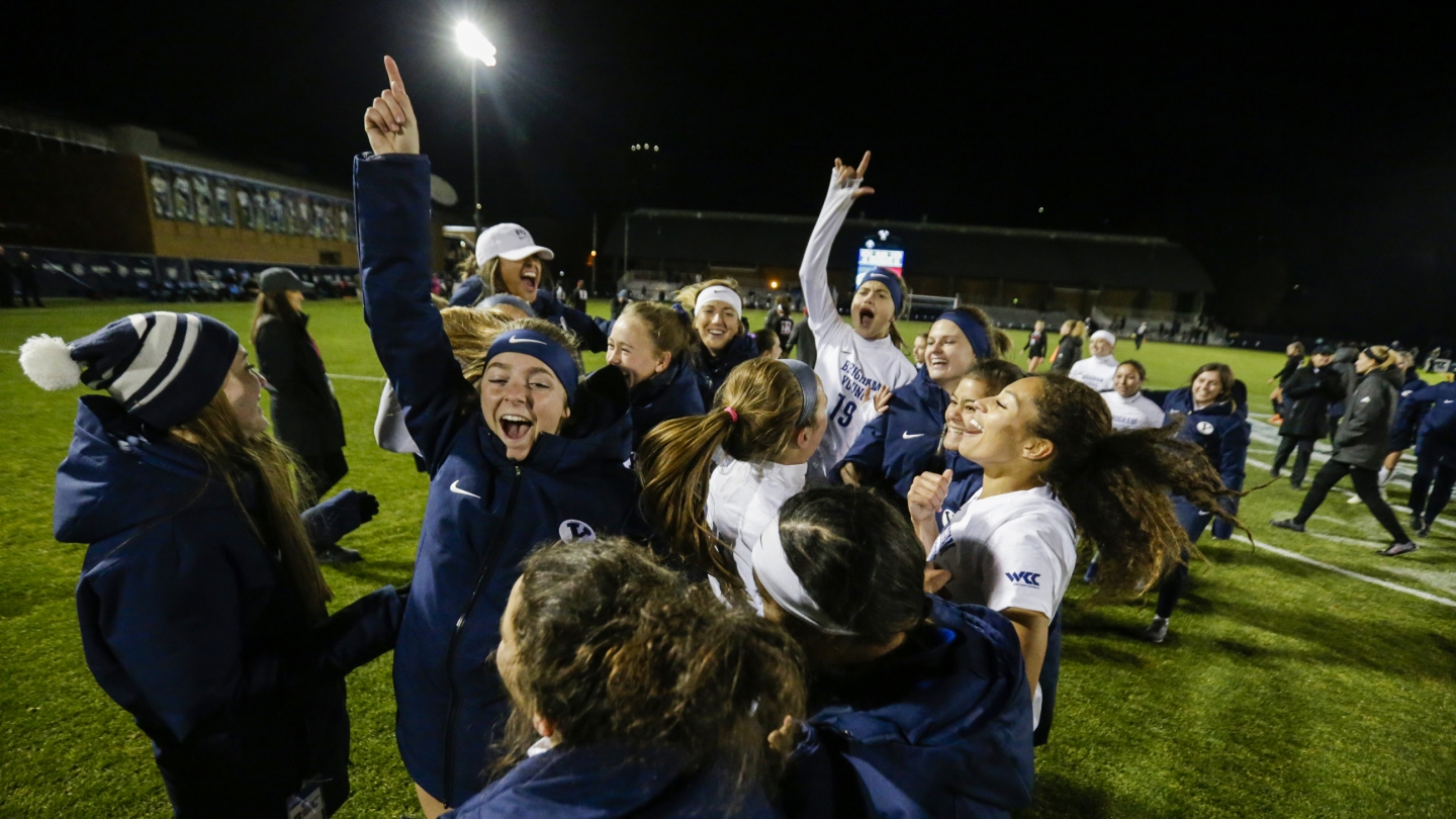 BYU women's soccer celebrating NCAA Tournament win over Louisville