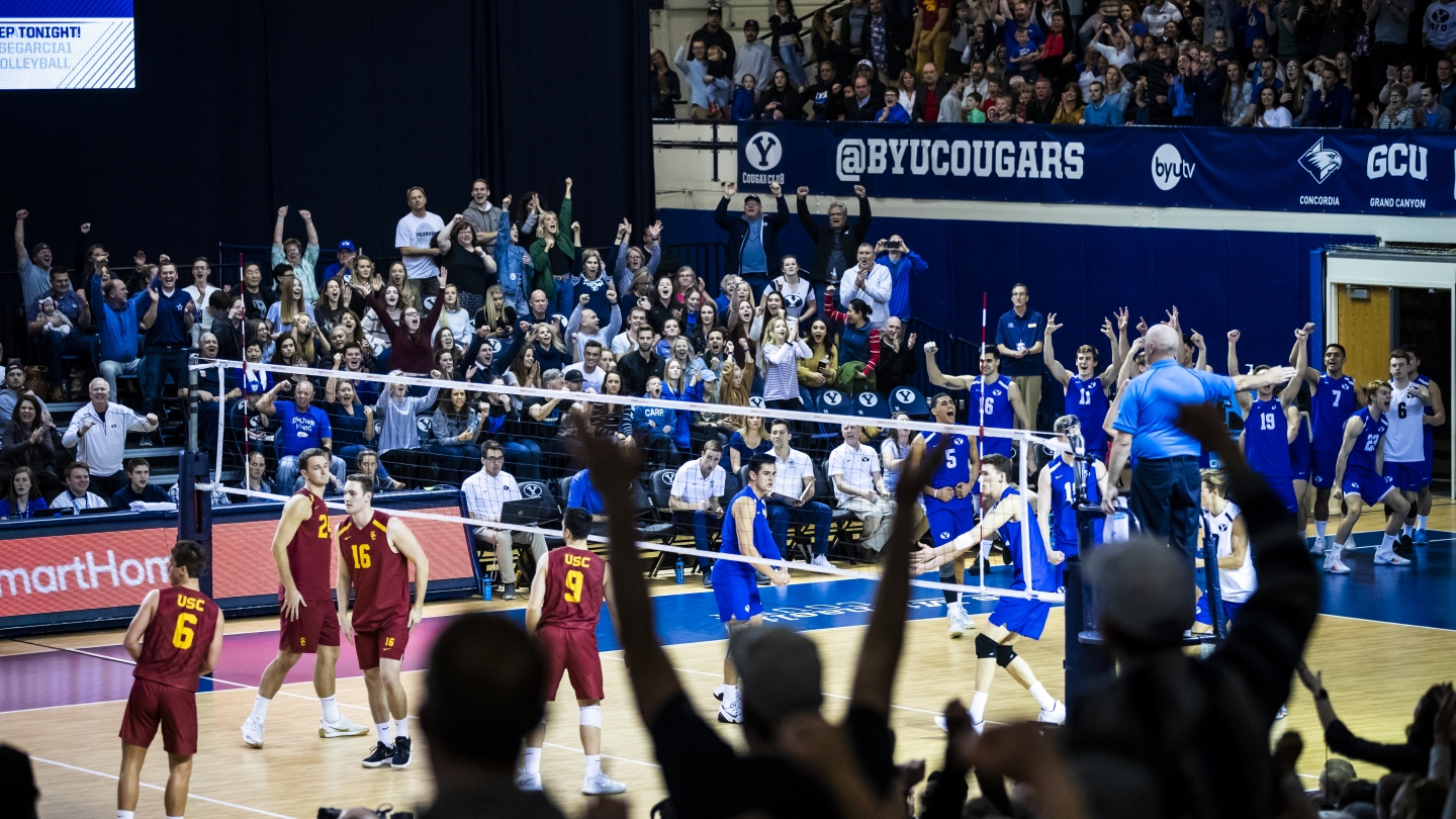 BYU men's volleyball and fans celebrate against USC in the Smith Fieldhouse