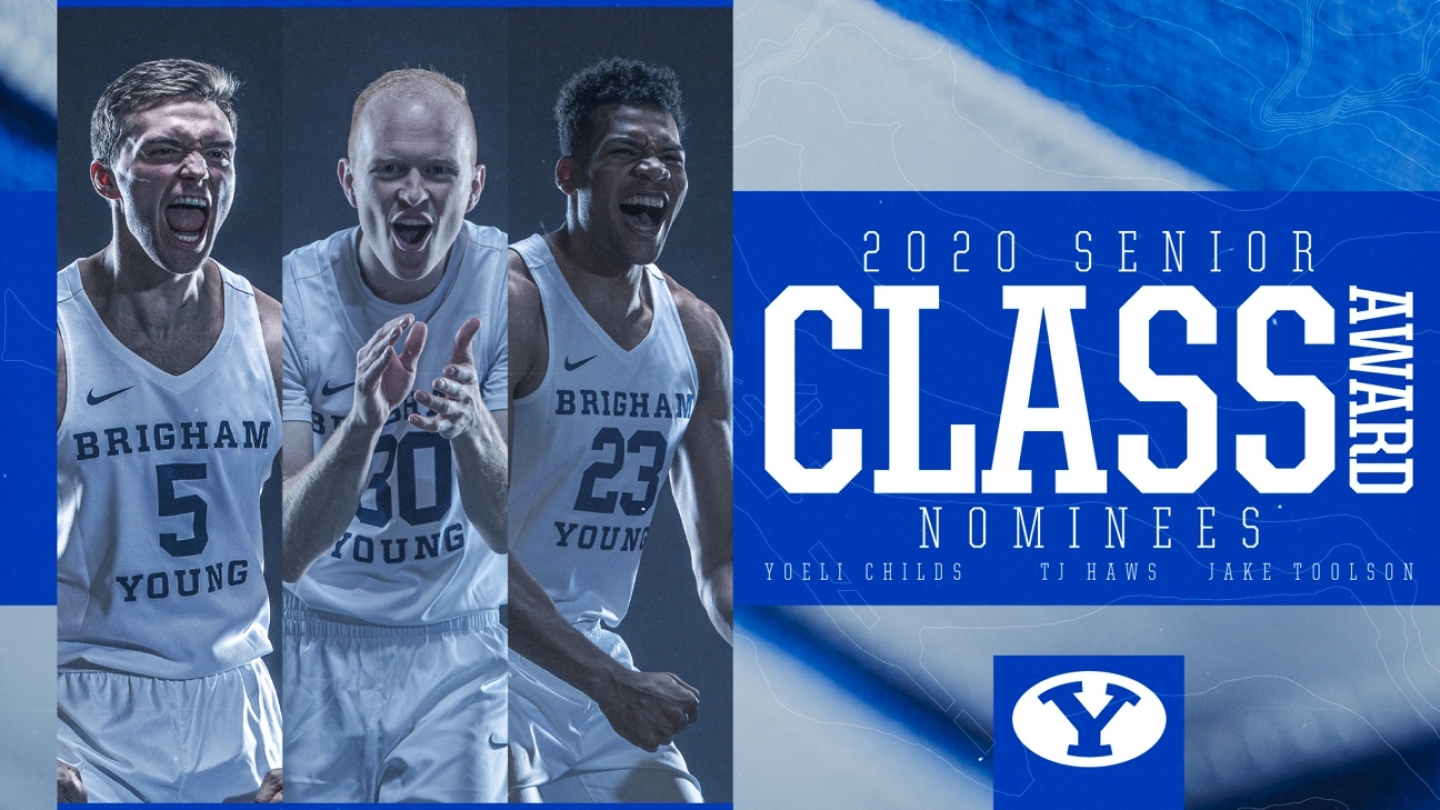 Photos of Jake Toolson, TJ Haws and Yoeli Childs on the left side with text that says 2020 Senior CLASS Award nominees on the right side.