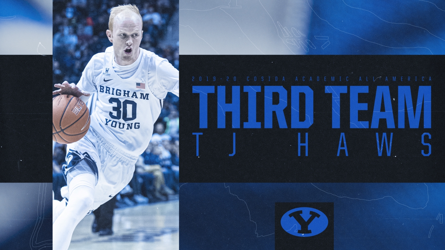 Photo of TJ Haws in a graphic layout with the text 2019-20 CoSIDA Academic All-America Third Team TJ Haws