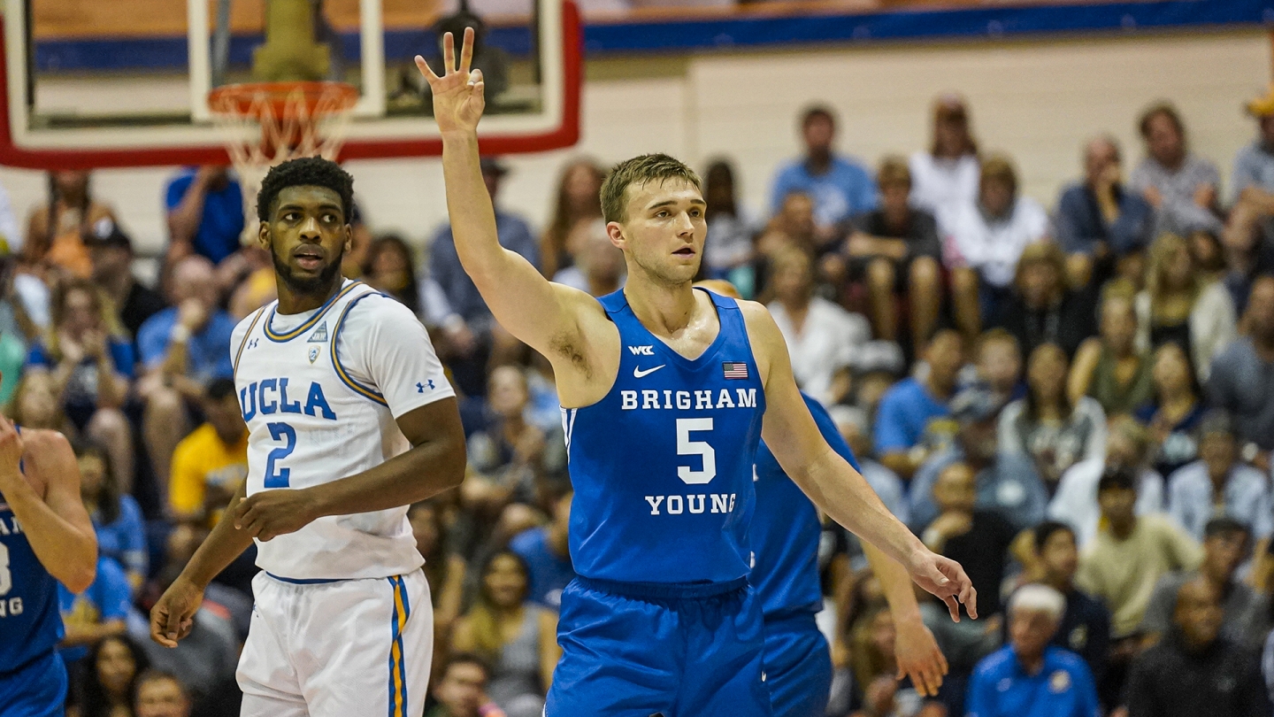 Jake Toolson signals a made 3-pointer against UCLA in Maui.