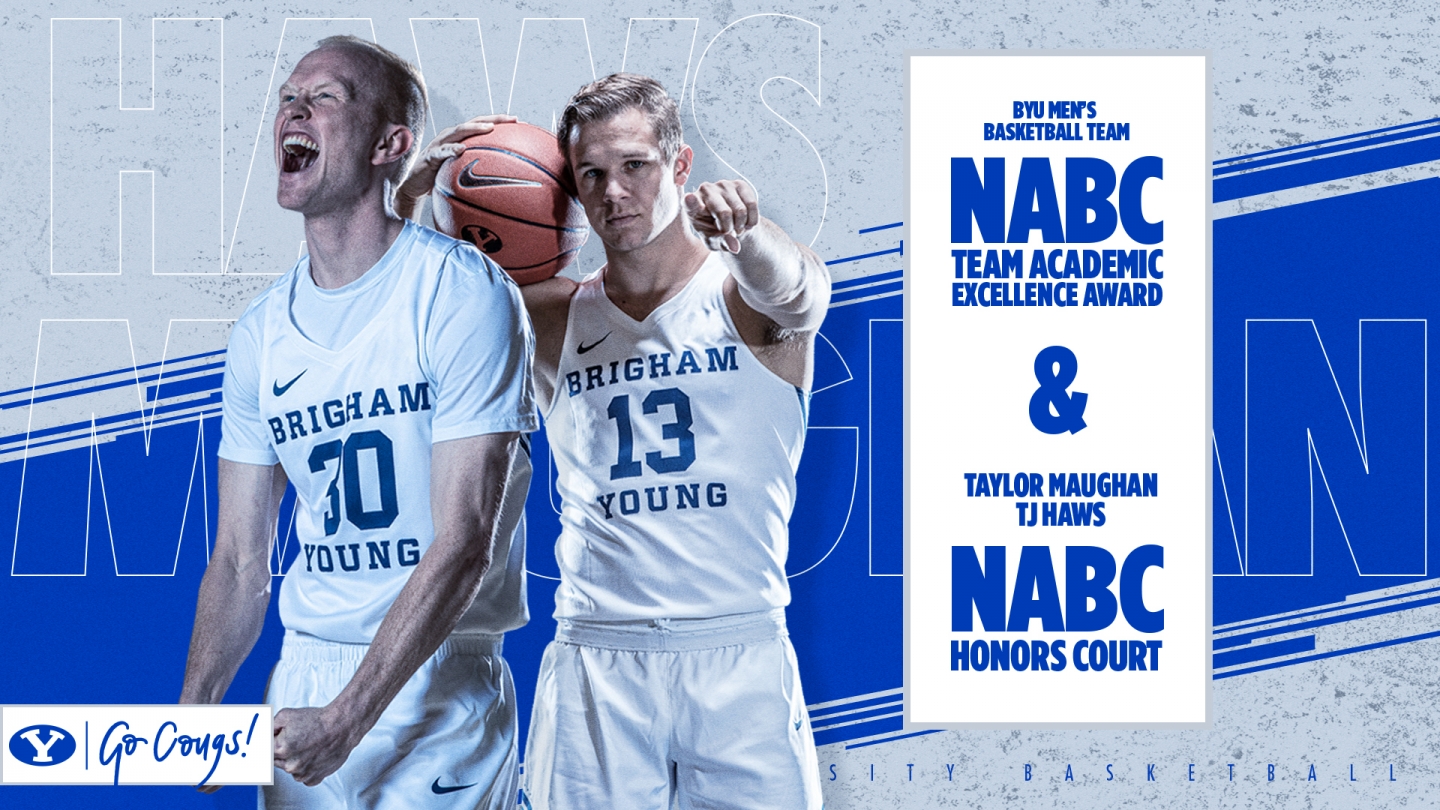 Cut out photos of TJ Haws and Taylor Maughan in a graphic layout announcing the NABC Academic Awards