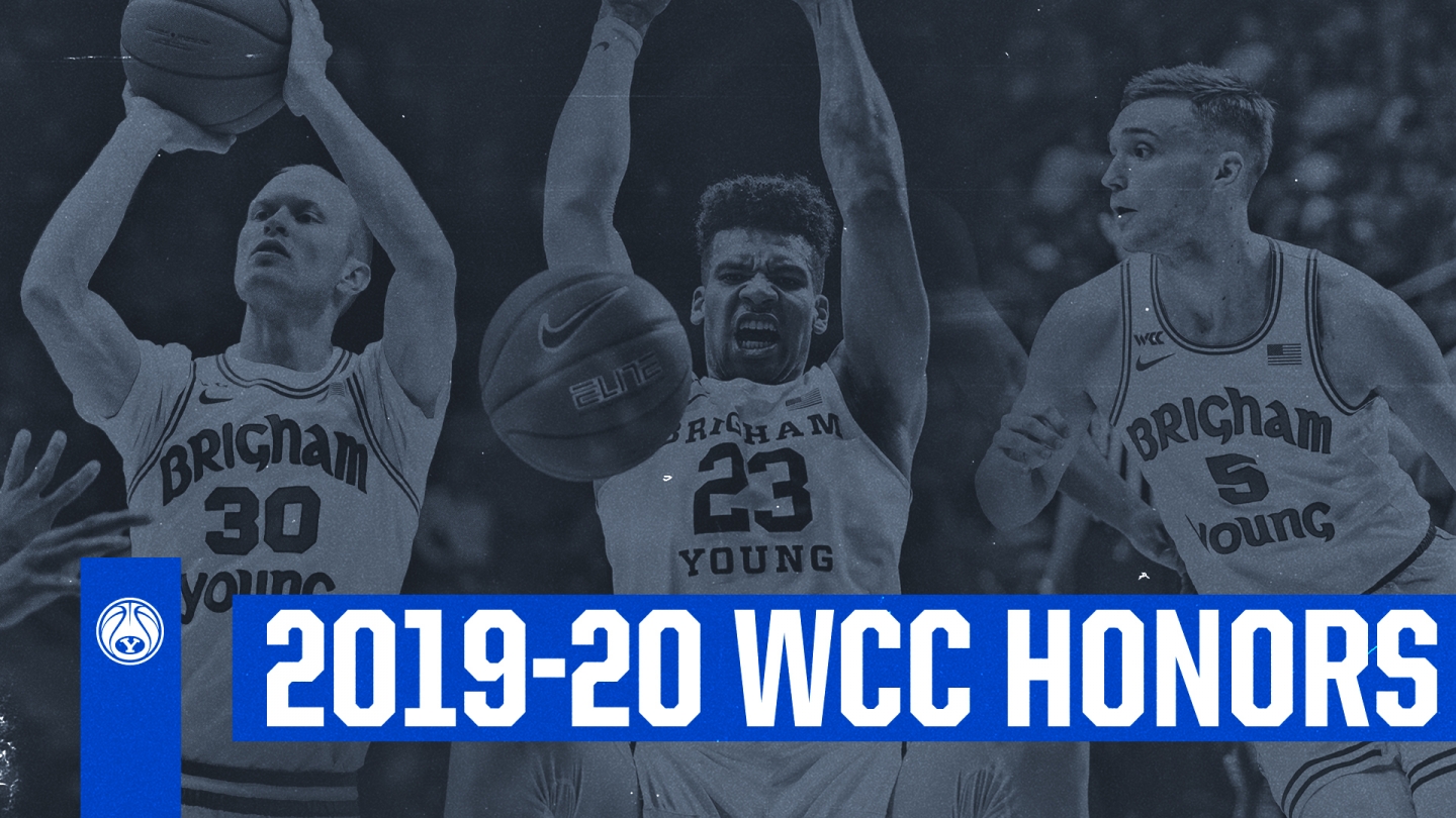 A graphic layout with photos of TJ Haws, Yoeli Childs and Jake Toolson and the text 2019-20 WCC Honors.