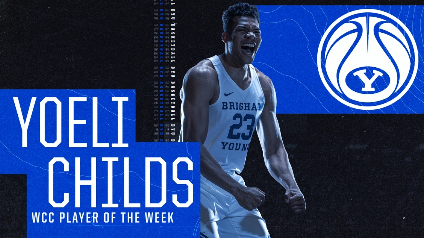 A photo of Yoeli Childs flexing in a graphic layout with the text Yoeli Childs WCC Player of the Week.