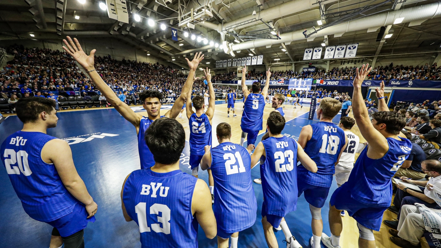 BYU men's volleyball team celebrates a point against Pepperdine at the Smith Fieldhouse in Provo.