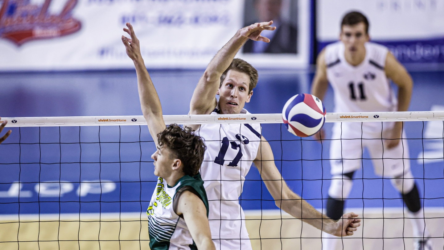 Branden Oberender spikes the ball for BYU men's volleyball