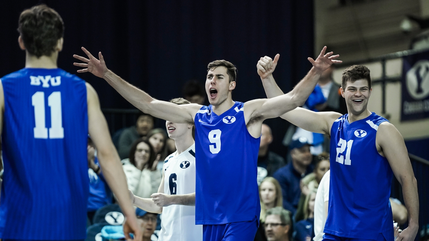 BYU men's volleyball player Andrew Lincoln celebrates point against Penn State