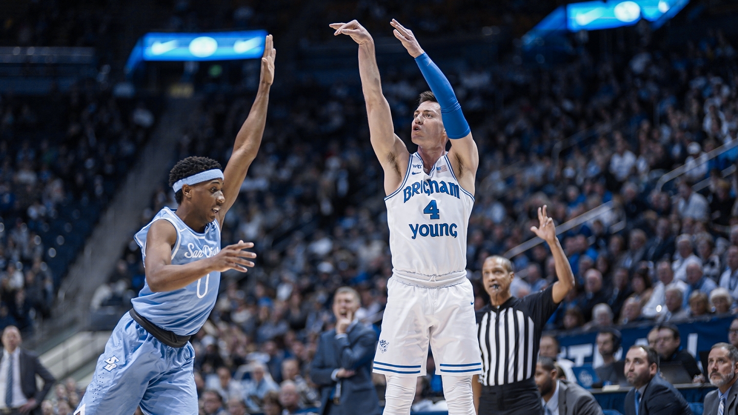 Alex Barcello holds his follow through after a 3-point attempt in the Marriott Center.